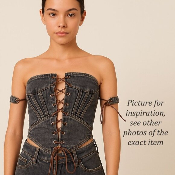 PrettyLittleThing Shape Brown Lace Up Denim Corset Top Size 6 Structured Bustier - Picture 1 of 6